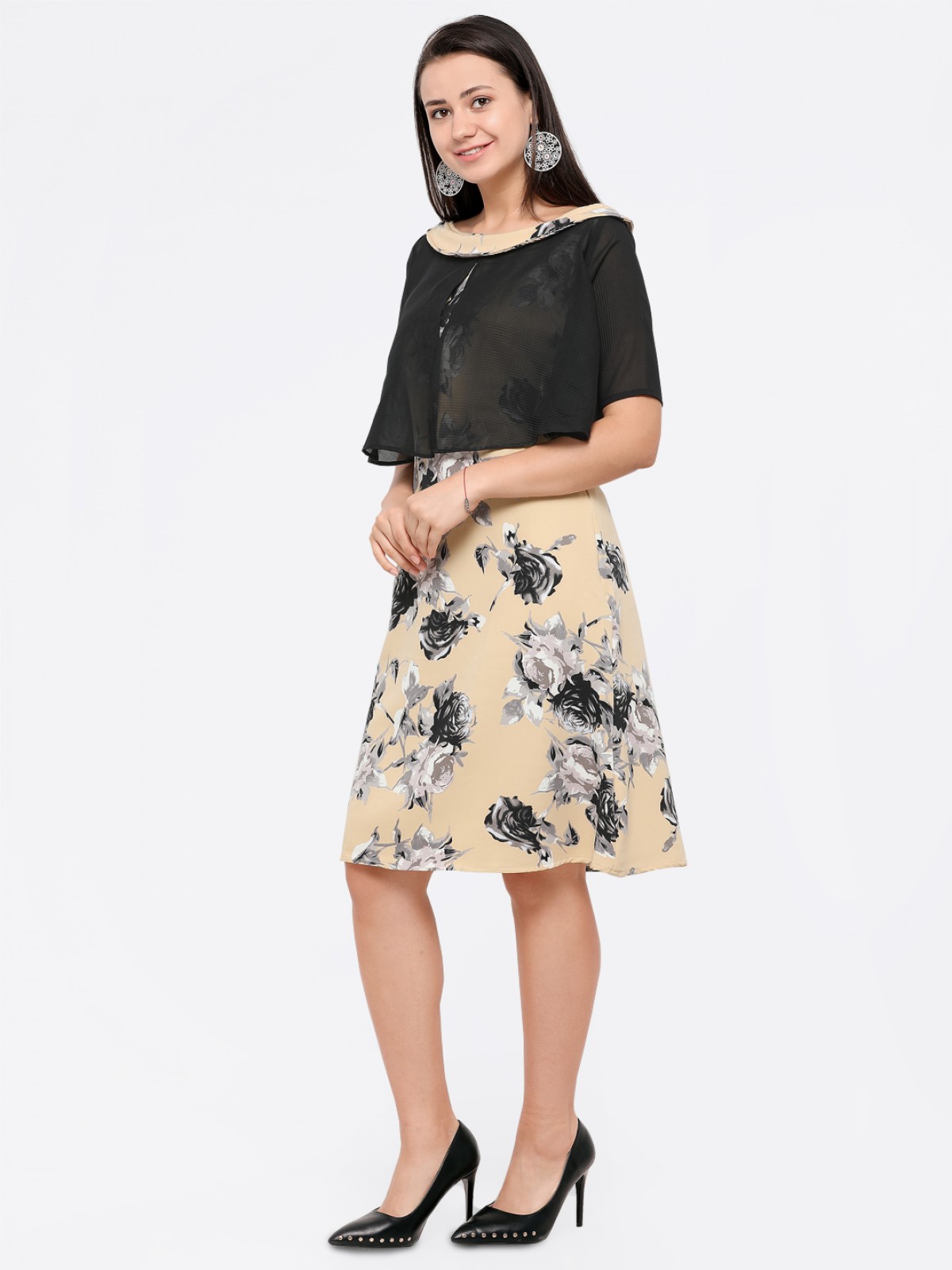 Floral Printed Front Overlap Polyester Dress